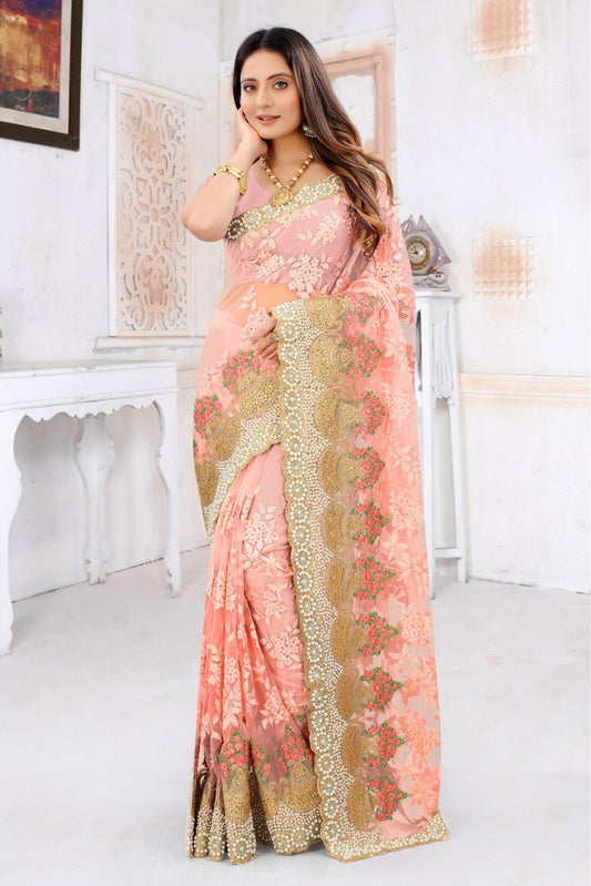 Pink Colour Net Embroidery Saree VSSD1090225