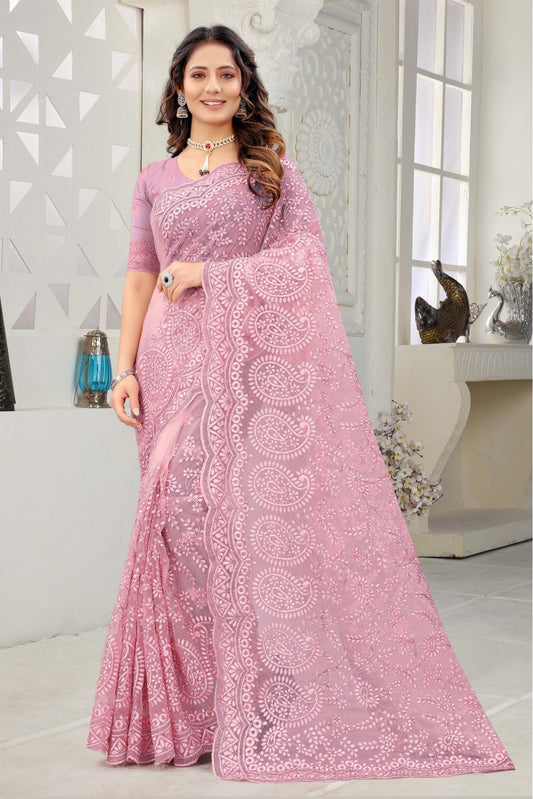 Pink Colour Net Embroidery Saree VSSD1090232