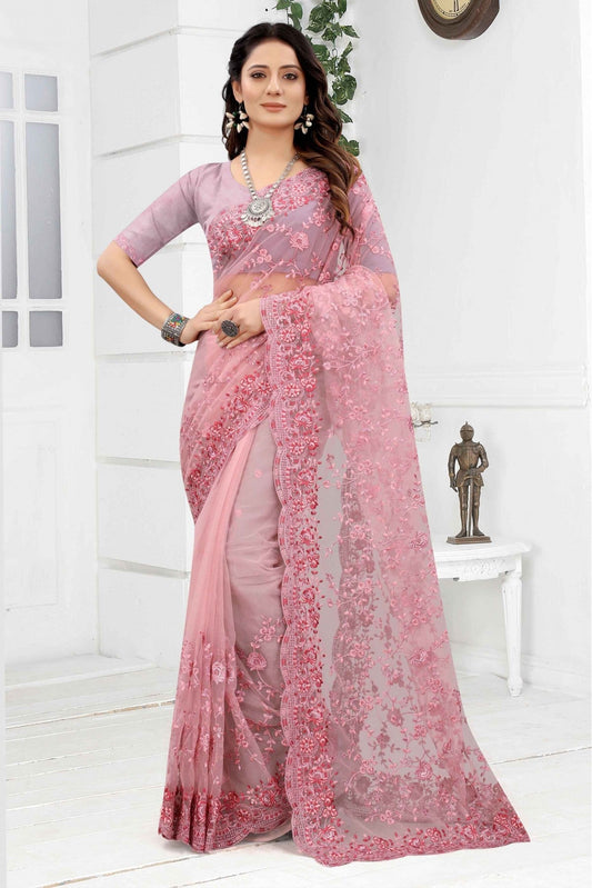 Pink Colour Net Embroidery Saree VSSD1090258