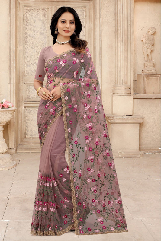 Pink Colour Net Embroidery Saree VSSD1090312