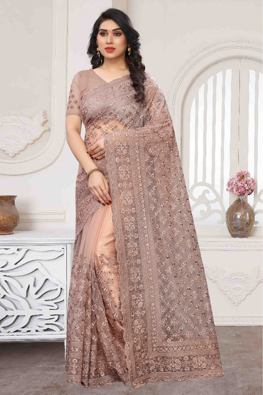Pink Colour Net Embroidery Saree VSSD1090359