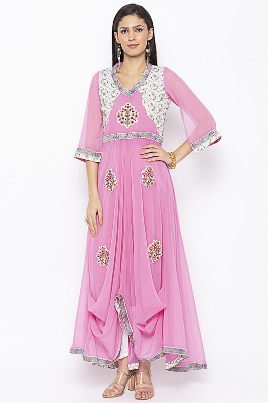Pink Colour Plus Size Georgette Embroidery Kurti