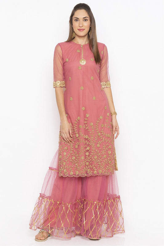 Pink Colour Plus Size Net Embroidery Kurta Set VSKR1070577
