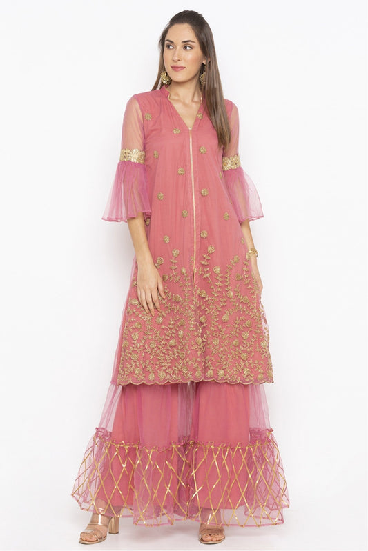 Pink Colour Plus Size Net Embroidery Kurti
