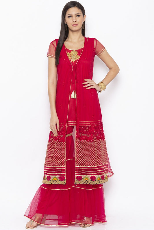 Pink Colour Plus Size Net Embroidery Kurti