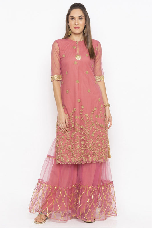 Pink Colour Plus Size Net Embroidery Kurti