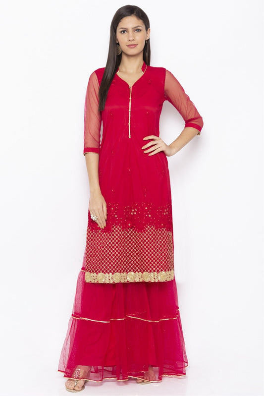 Pink Colour Plus Size Net Embroidery Kurti