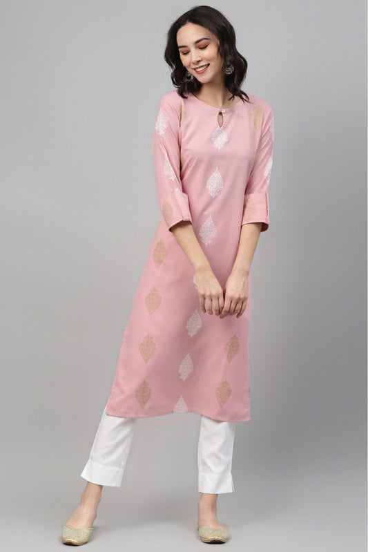Pink Colour Plus Size Rayon Foil Print Kurti With Pant Set VSKR1060075