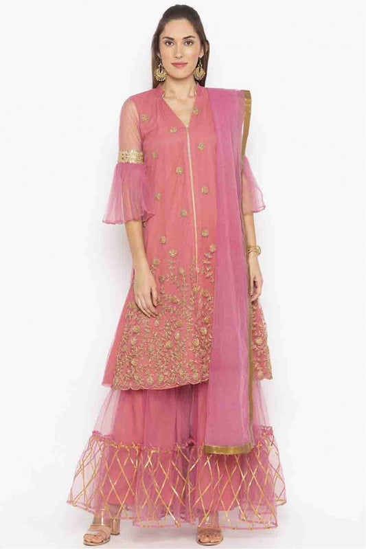 Pink Colour Plus Size Stitched Net Embroidery Sharara Suit VSSS1070212