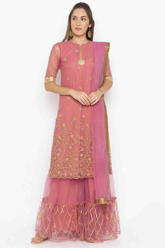 Pink Colour Plus Size Stitched Net Embroidery Sharara Suit VSSS1070214