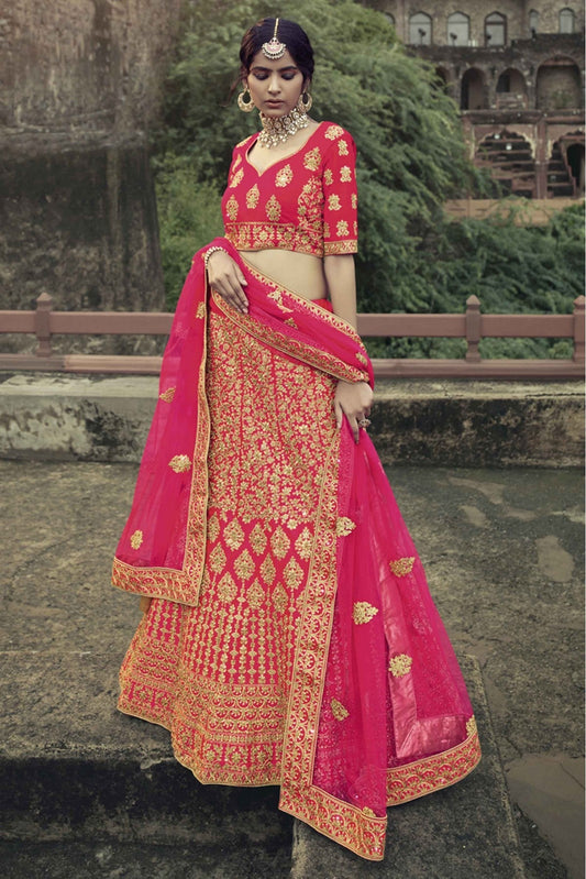 Pink Colour Satin Thread Work Lehenga Choli