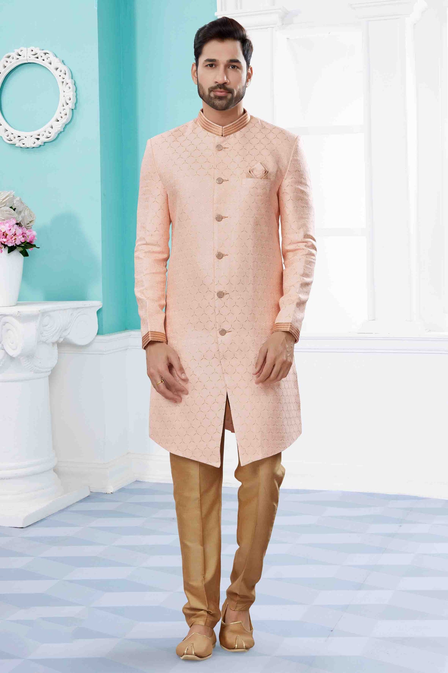 Pink Colour Sherwani In Banarasi Jacquard Fabric VSSH1040414