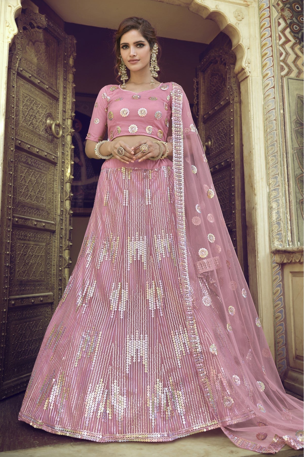 Pink Colour Soft Net Sequins Work Lehenga Choli VSLC1080574