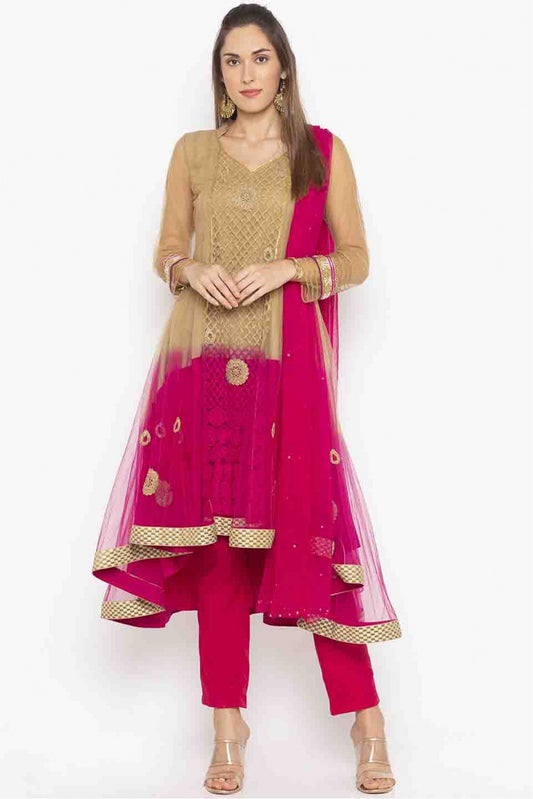 Pink and Brown Colour Plus Size Stitched Net Embroidery Pant Style Suit VSSS1070187