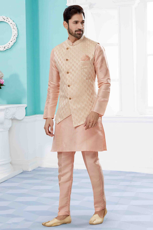 Pink and Cream Colour Kurta Pajama With Jacket In Silk Dupion Fabric VSKP1040456