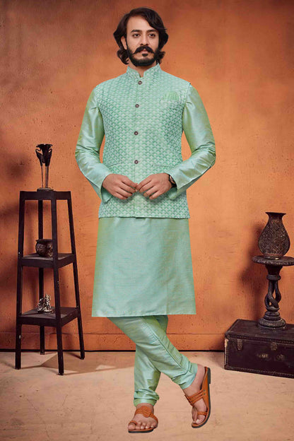 Pista Green Colour Kurta Pajama With Jacket In Art Silk VSKP1210290