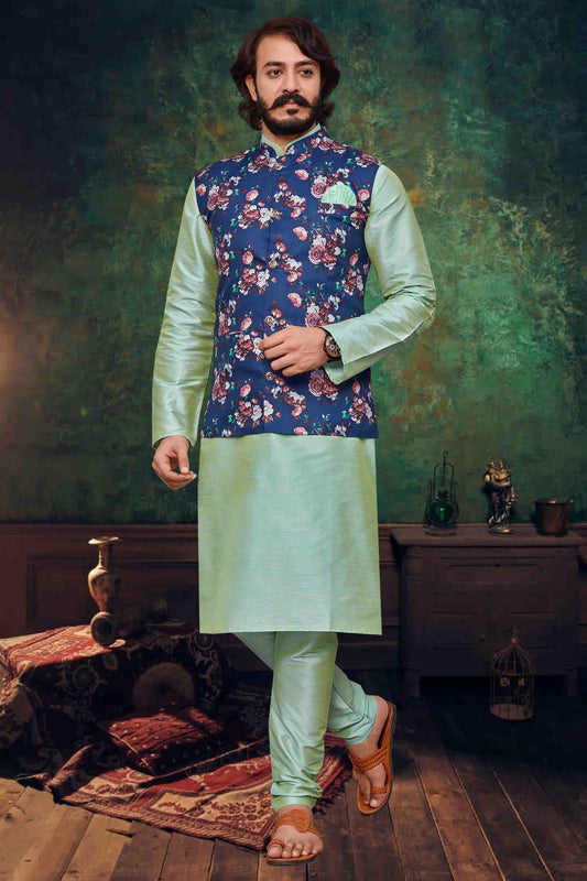 Pista Green Colour Kurta Pajama With Jacket In Art Silk VSKP1210315