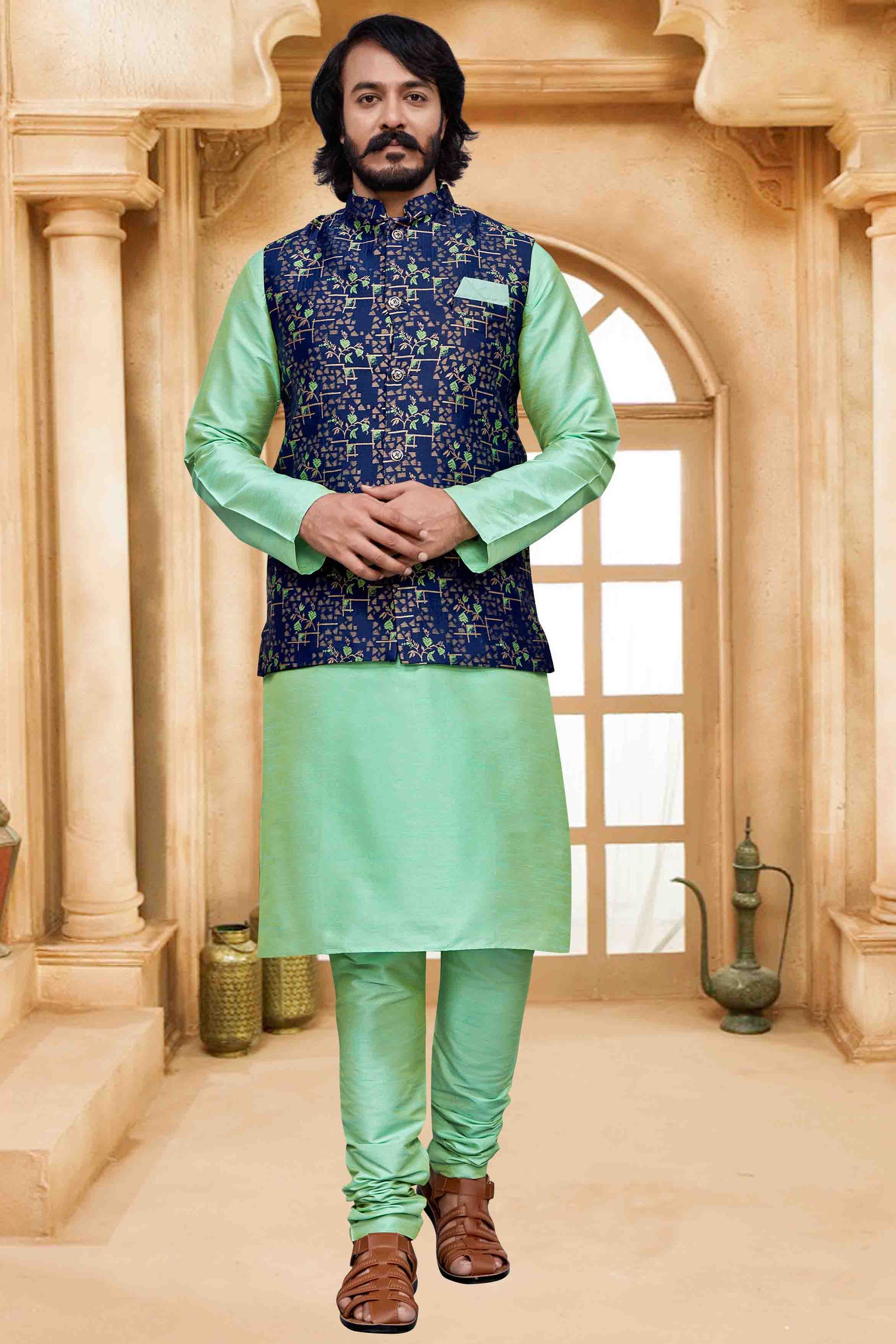 Pista Green Kurta Pajama With Jacket In Art Silk VSKP1210475