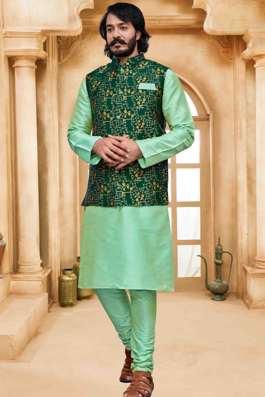 Pista Green Colour Kurta Pajama With Jacket In Art Silk VSKP1210476
