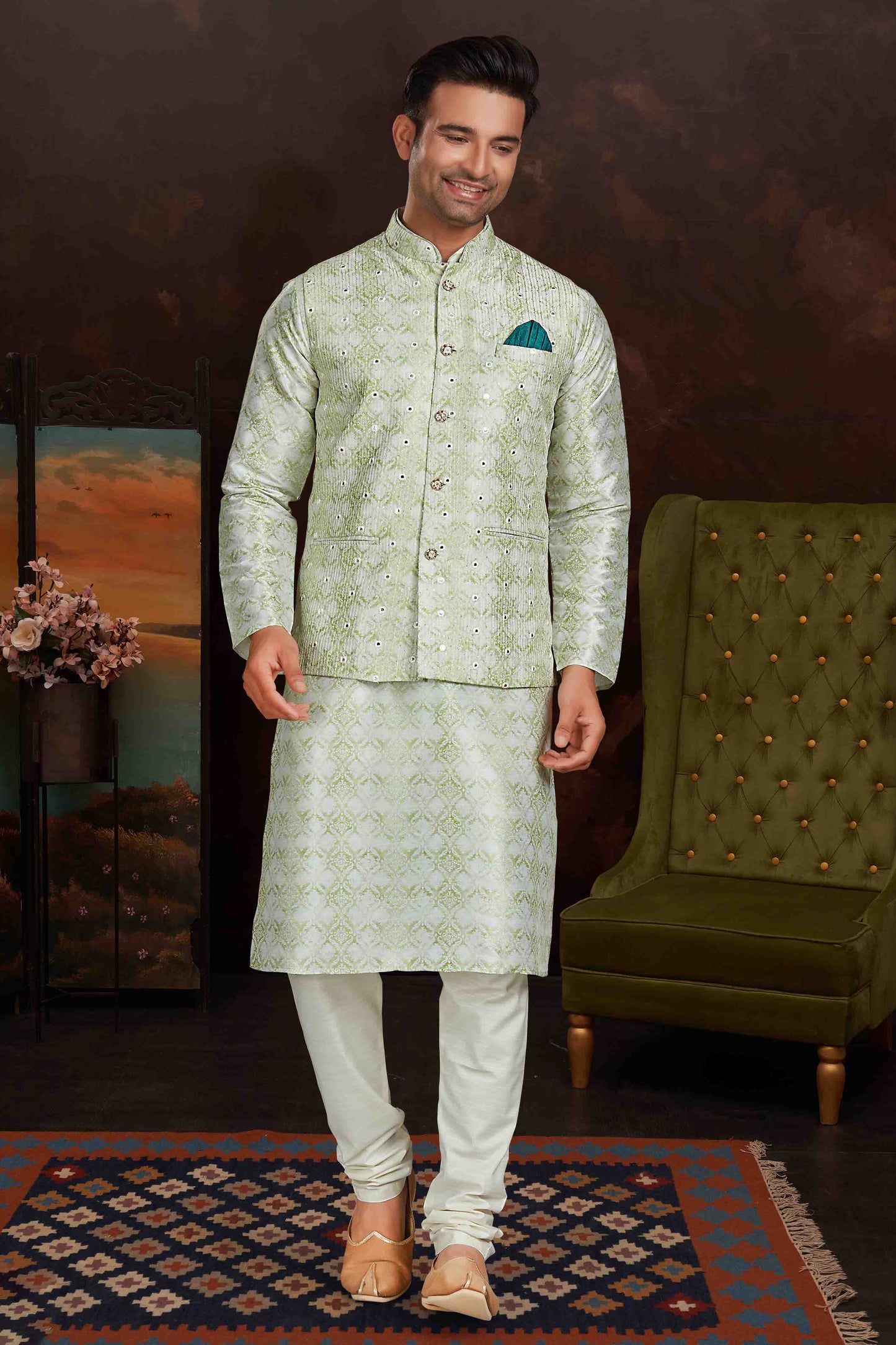 Pista Green Colour Kurta Pajama With Jacket In Malai Silk VSKP1210438