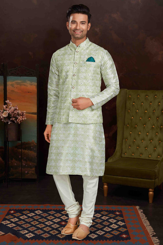 Pista Green Colour Kurta Pajama With Jacket In Malai Silk VSKP1210438
