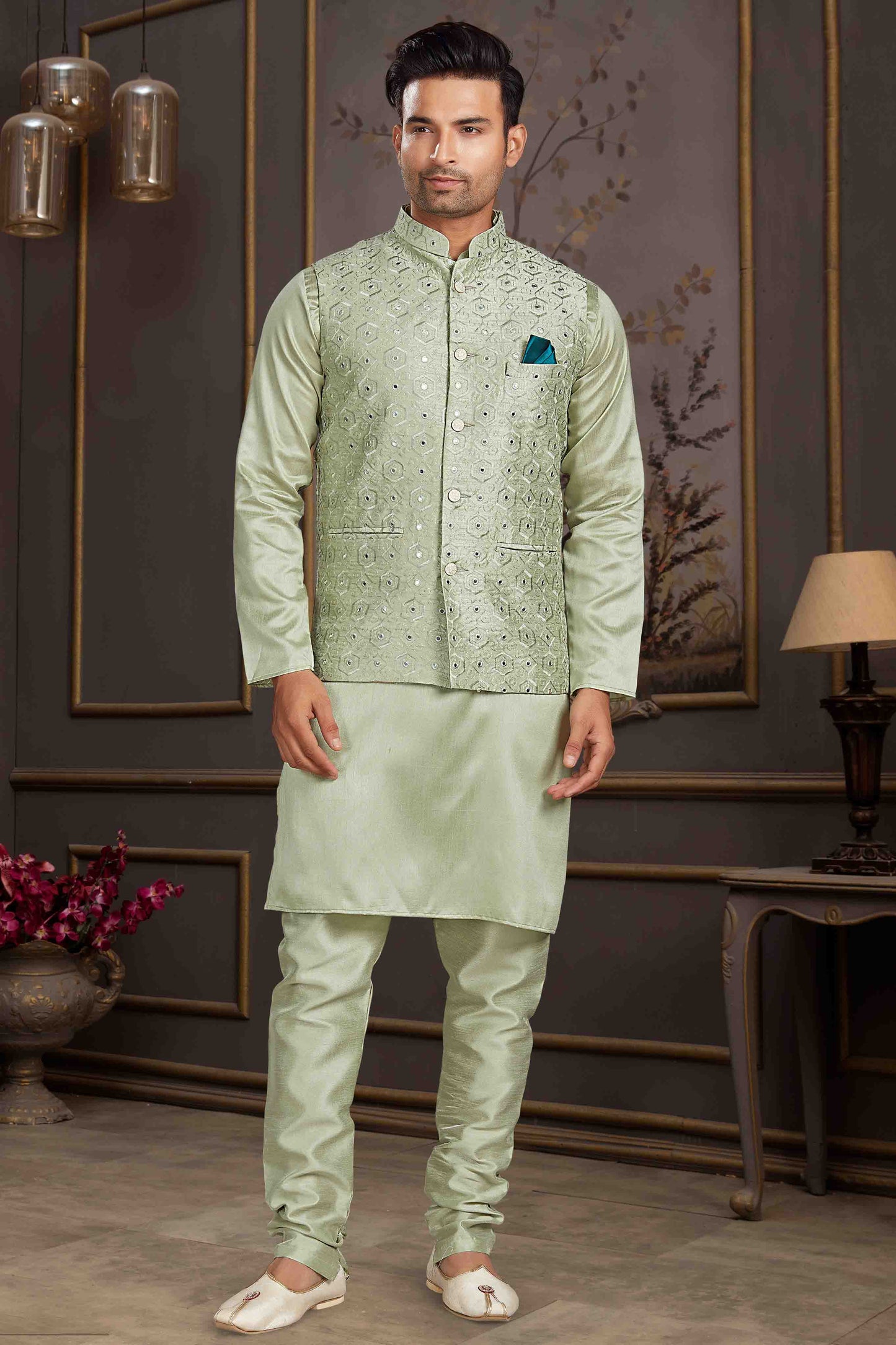Pista Green Colour Kurta Pajama With Jacket In Silk Mastani VSKP1210443