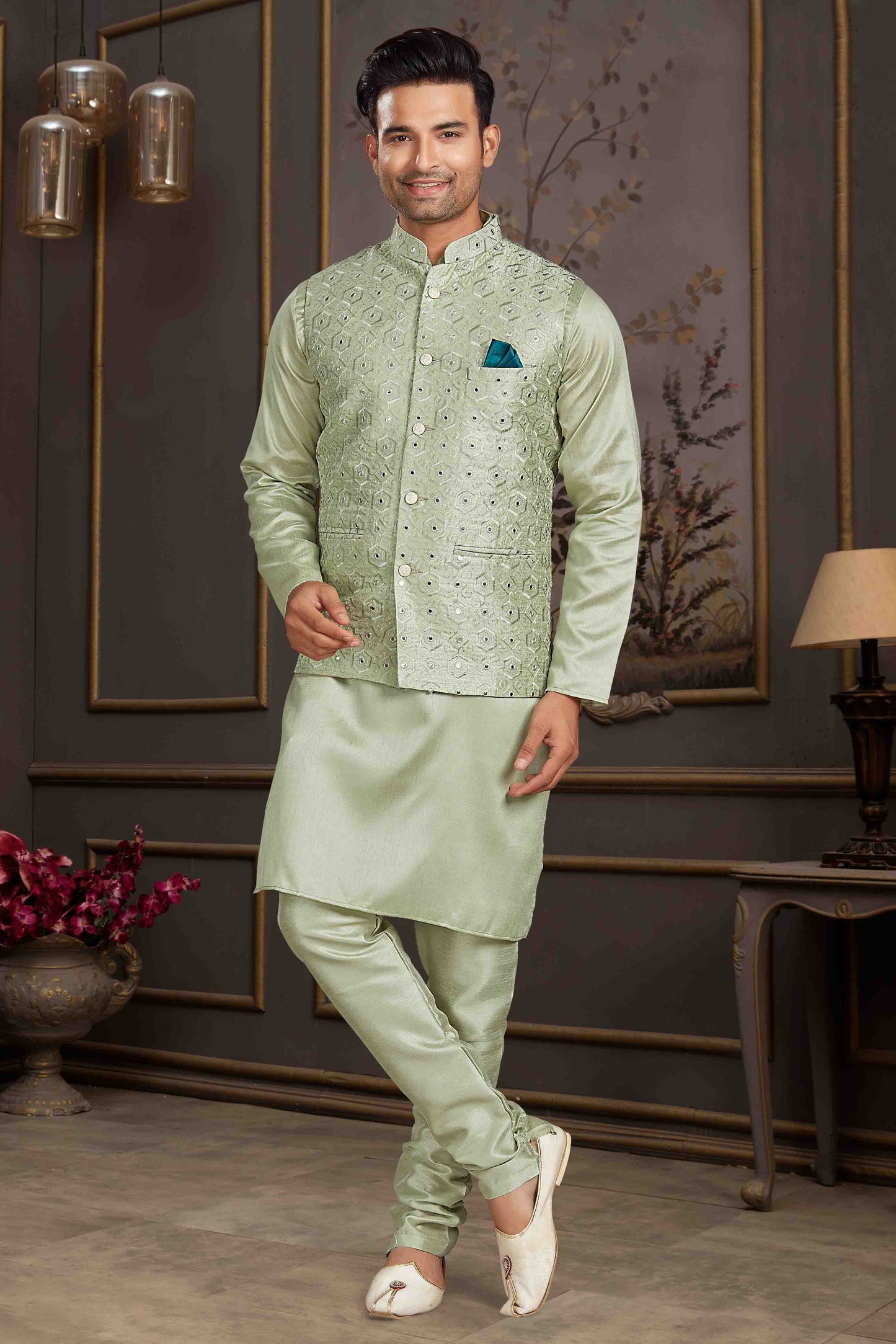 Pista Green Colour Kurta Pajama With Jacket In Silk Mastani VSKP1210443