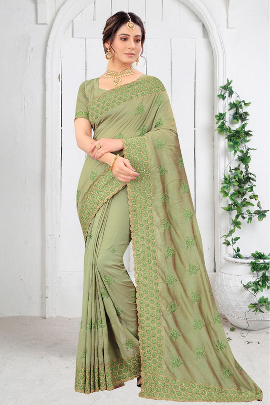 Pista Green Colour Vichitra Silk Embroidery Saree VSSD1120209