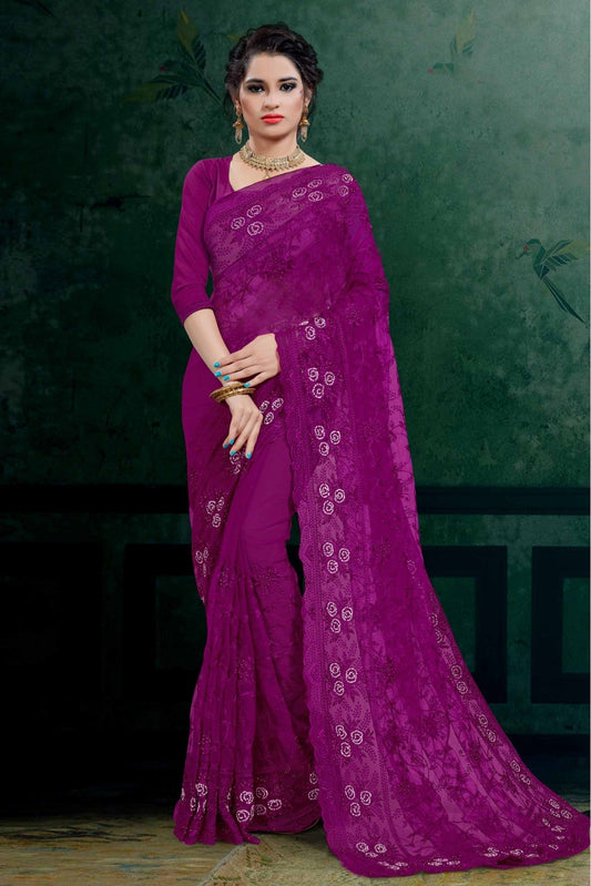Purple Colour Net Embroidery Saree VSSD1090108