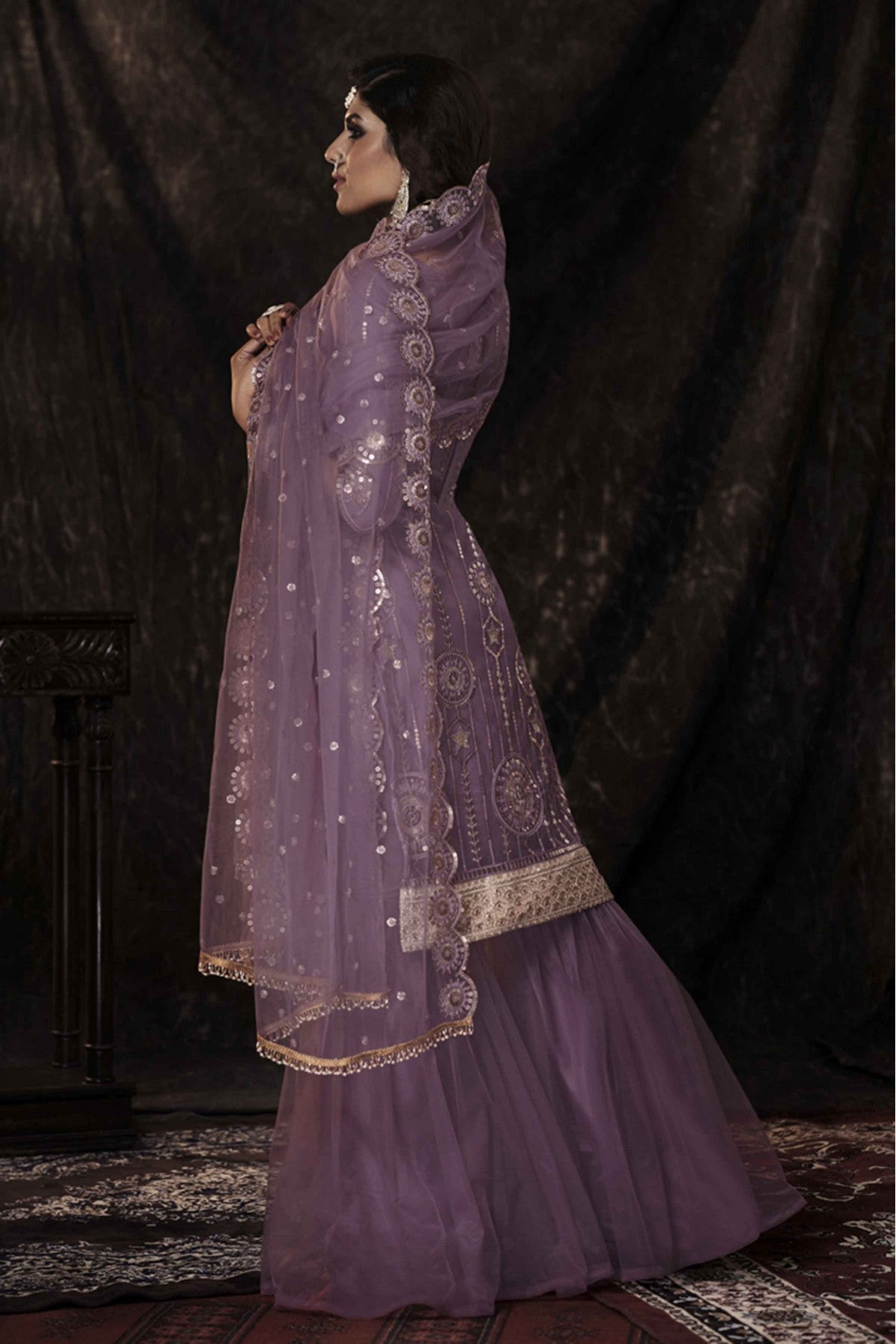 Purple Colour Soft Net Sequins Work Sharara Suit VSSM1080661