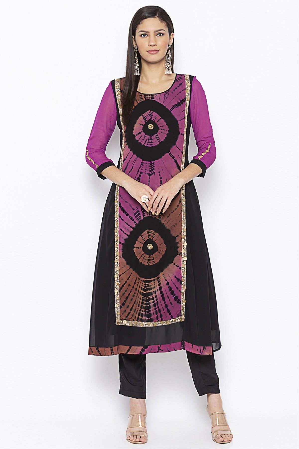 Purple and Black Colour Plus Size Georgette Embroidery Kurti