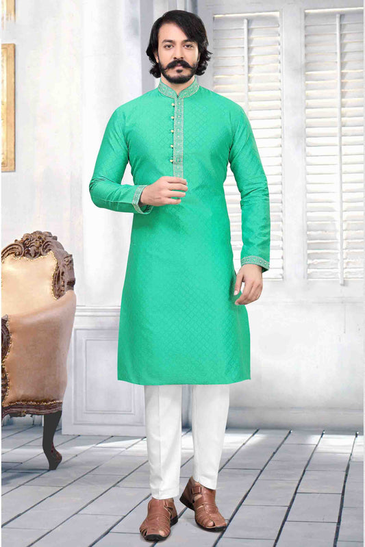 Rama Green Colour Kurta Pajama In Jacquard Silk VSKP1210034