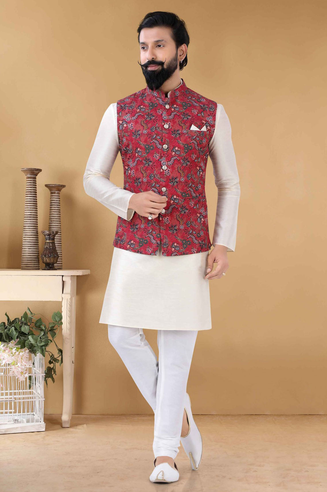 Red Colour Cotton Kurta Pajama With Jacket VSKP1130090