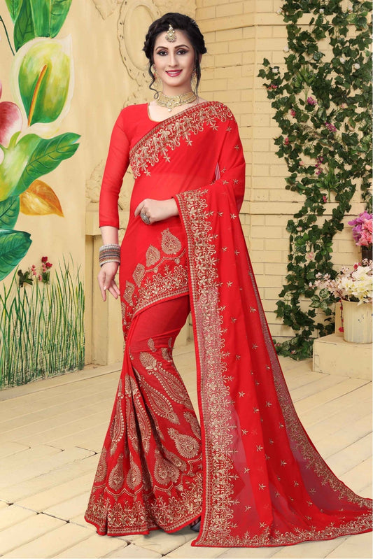Red Colour Georgette Embroidered Saree VSSD1120428