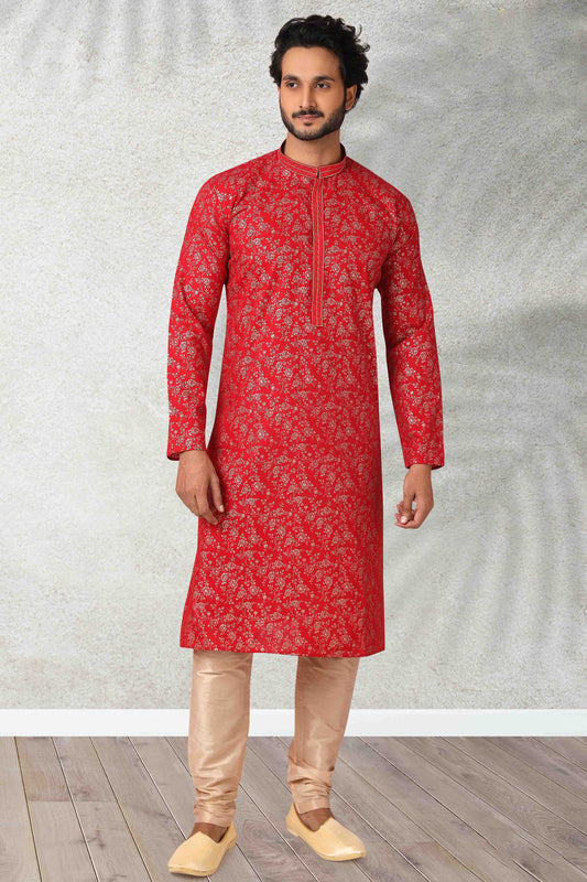 Red Colour Kurta Pajama In Cotton VSKP1210131