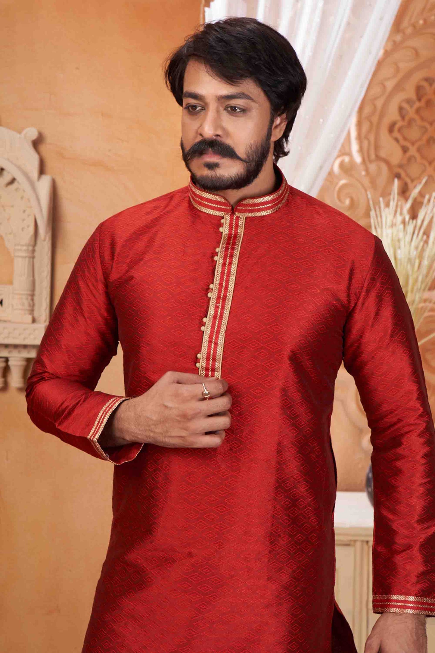 Red Colour Kurta Pajama In Jacquard Silk VSKP1210051