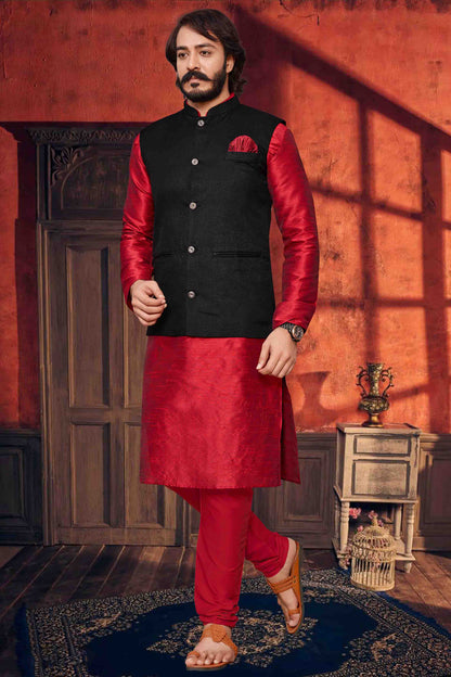 Red Colour Kurta Pajama With Jacket In Art Silk VSKP1210300