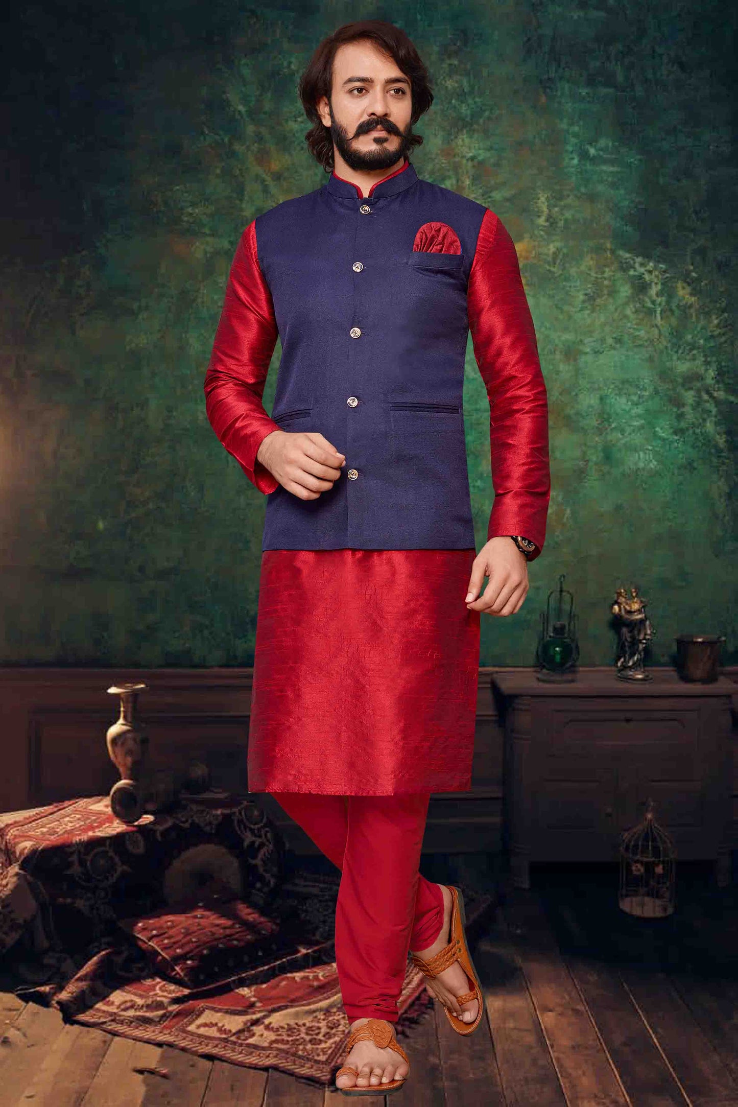 Red Colour Kurta Pajama With Jacket In Art Silk VSKP1210301
