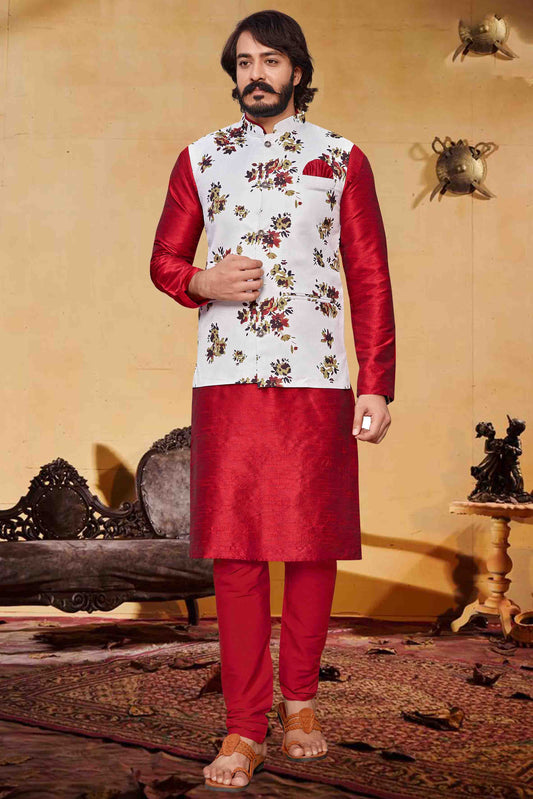 Red Colour Kurta Pajama With Jacket In Art Silk VSKP1210308