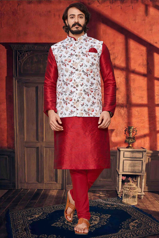 Red Colour Kurta Pajama With Jacket In Art Silk VSKP1210309