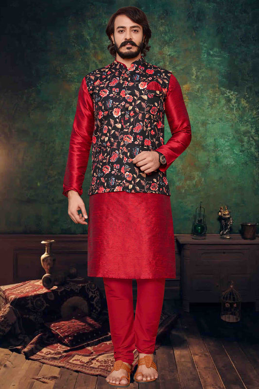 Red Colour Kurta Pajama With Jacket In Art Silk VSKP1210310
