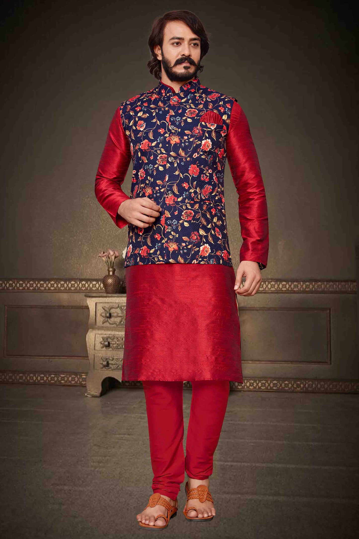 Red Colour Kurta Pajama With Jacket In Art Silk VSKP1210311