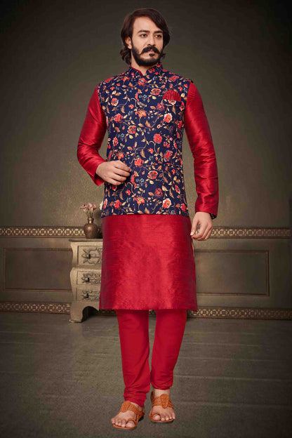 Red Colour Kurta Pajama With Jacket In Art Silk VSKP1210311