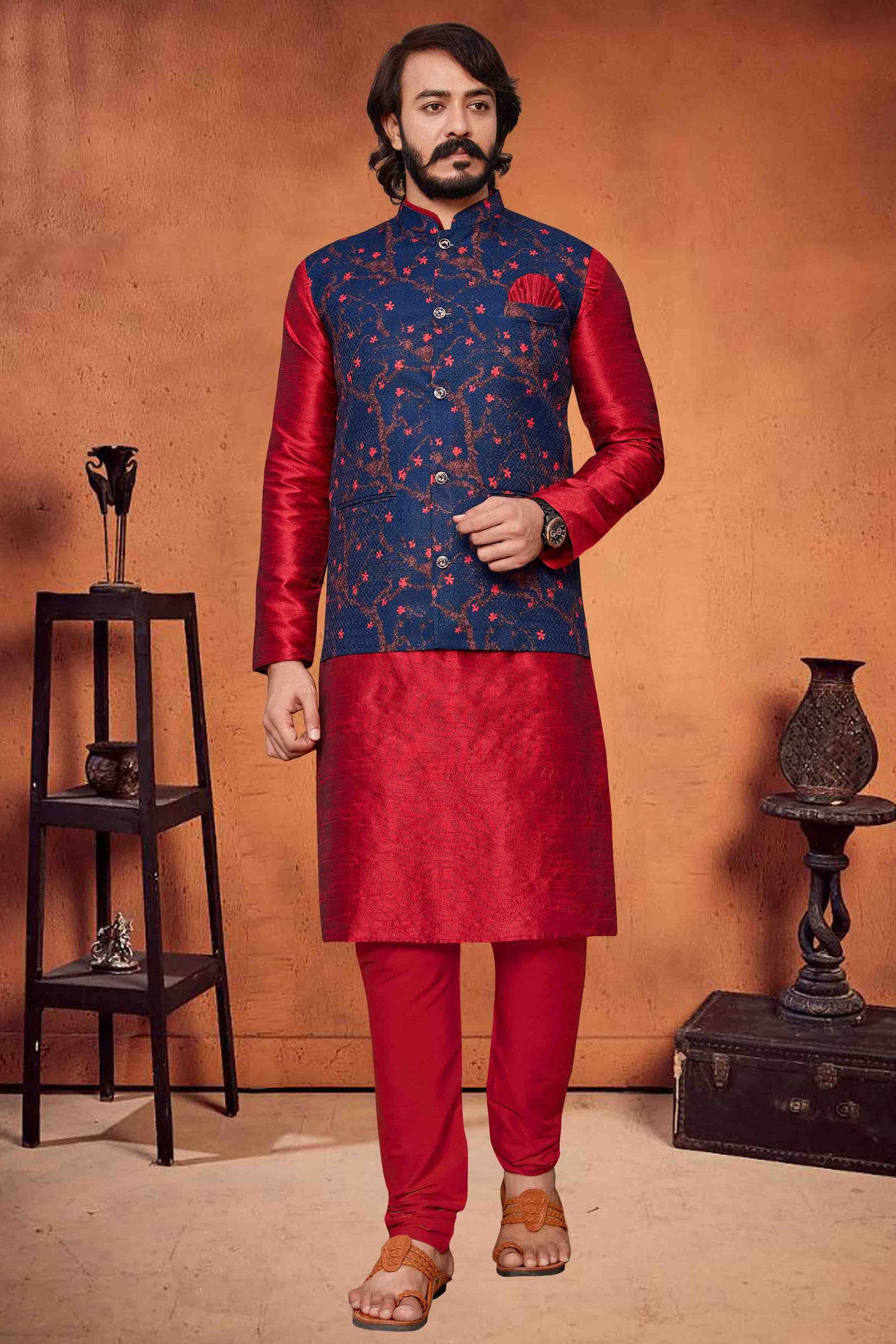 Red Colour Kurta Pajama With Jacket In Art Silk VSKP1210312
