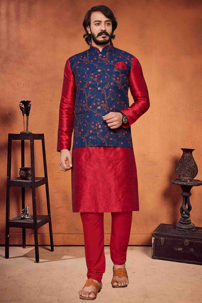 Red Colour Kurta Pajama With Jacket In Art Silk VSKP1210312