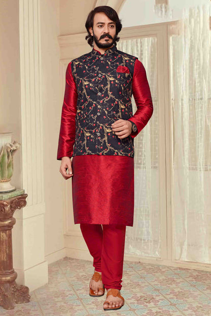 Red Colour Kurta Pajama With Jacket In Art Silk VSKP1210313