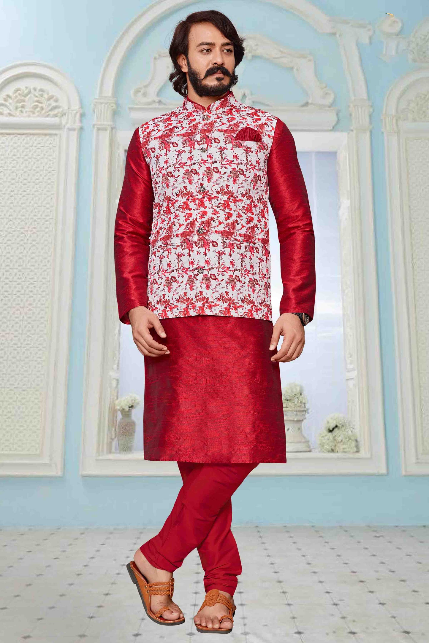 Red Colour Kurta Pajama With Jacket In Art Silk VSKP1210314