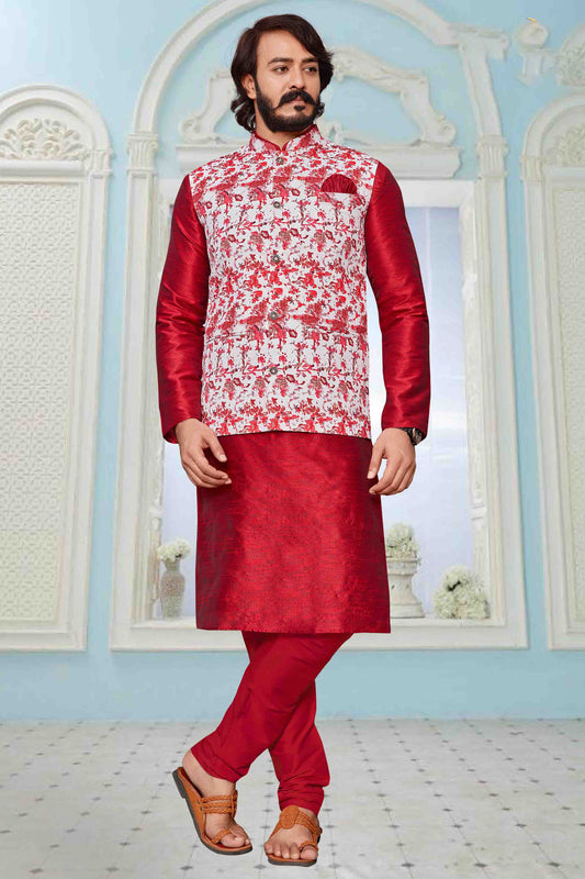 Red Colour Kurta Pajama With Jacket In Art Silk VSKP1210314