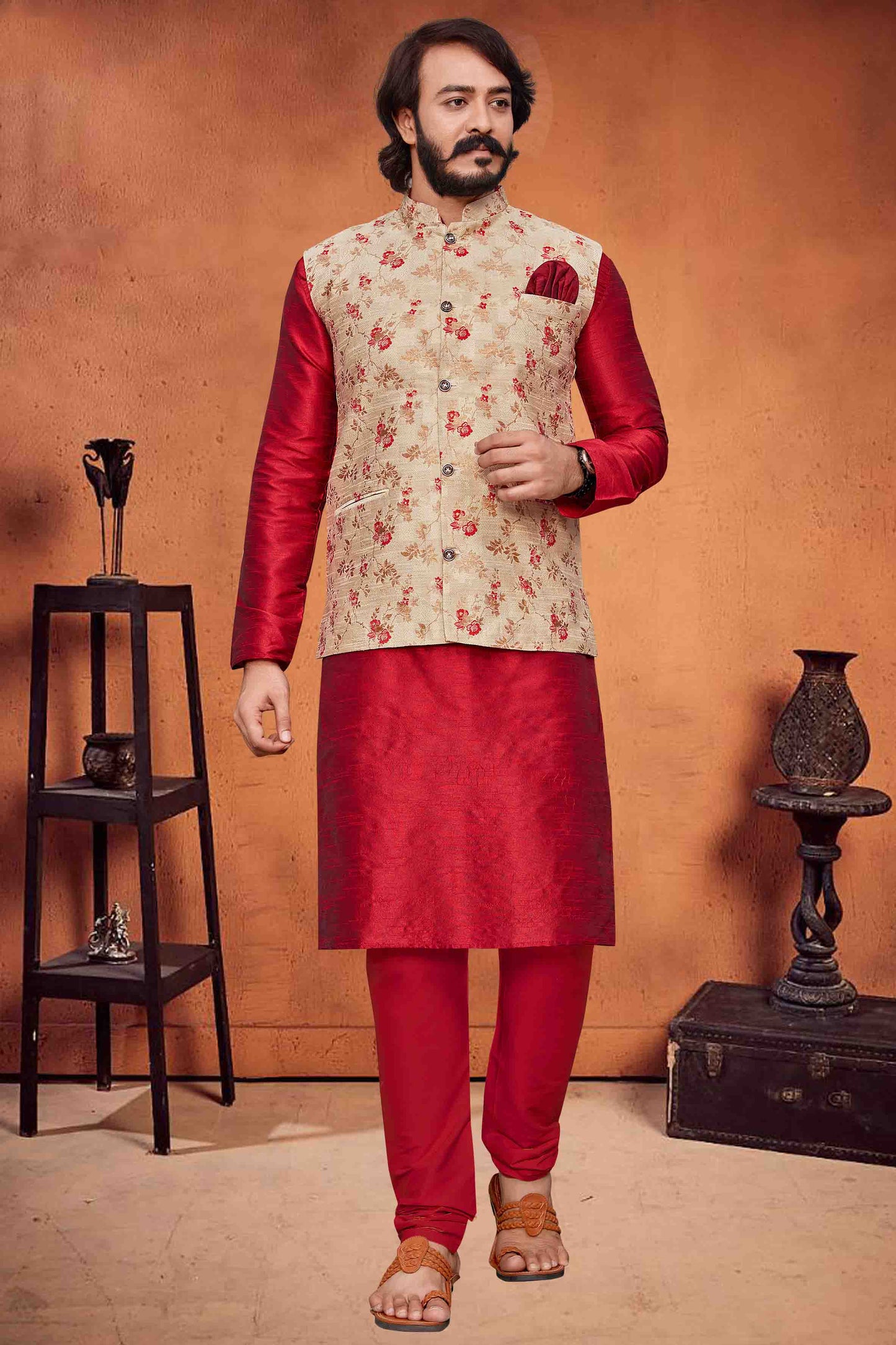 Red Colour Kurta Pajama With Jacket In Art Silk VSKP1210329
