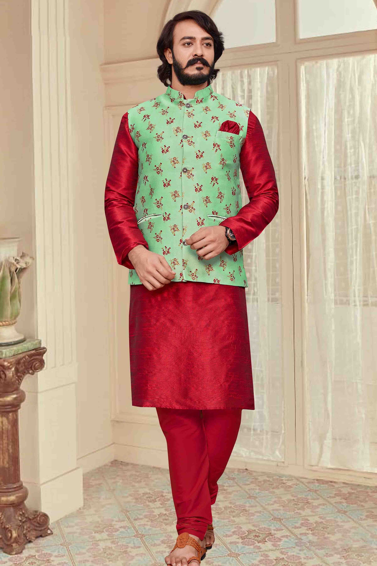 Red Colour Kurta Pajama With Jacket In Art Silk VSKP1210330